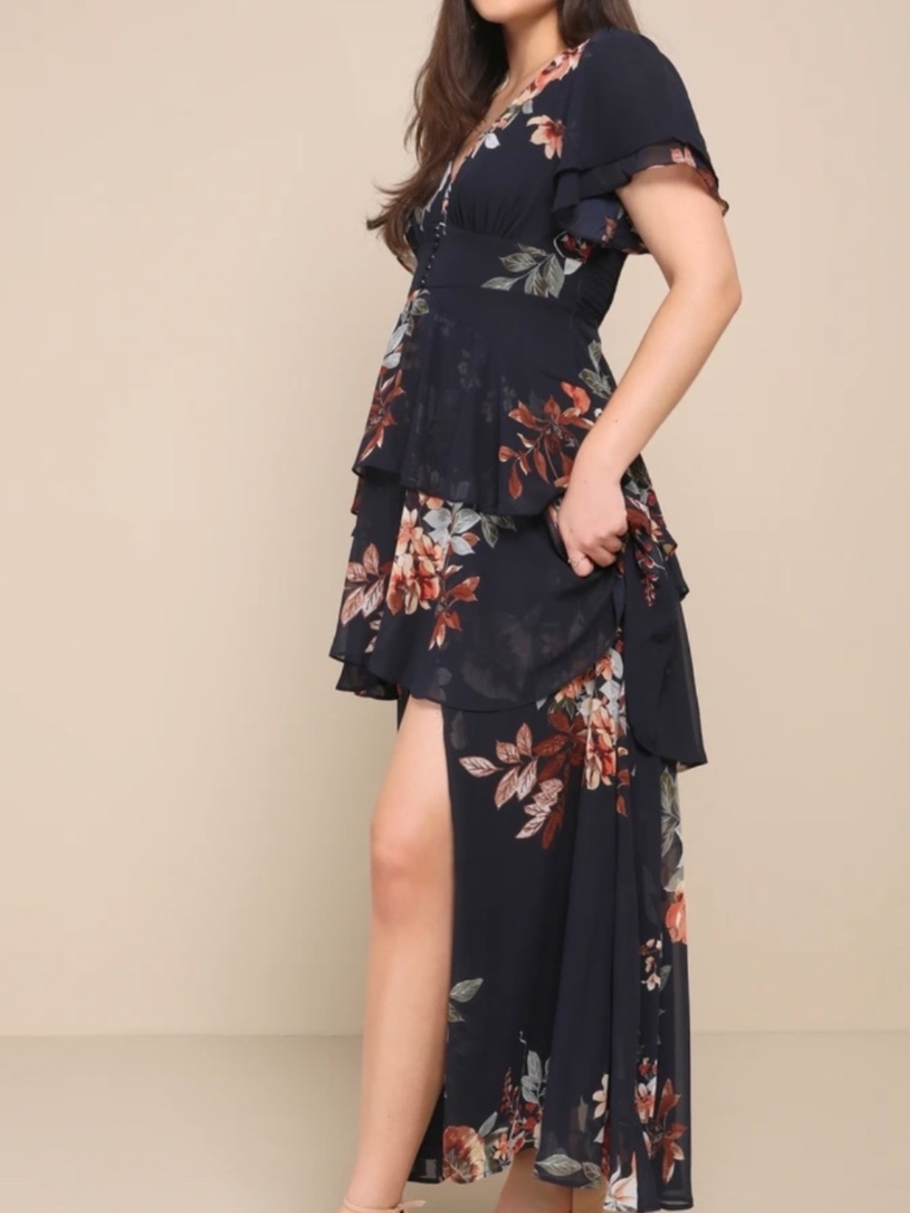 Lulus Midnight Mood Navy Blue Floral Print Tiered Maxi Dress - Size L - Picture 2 of 8
